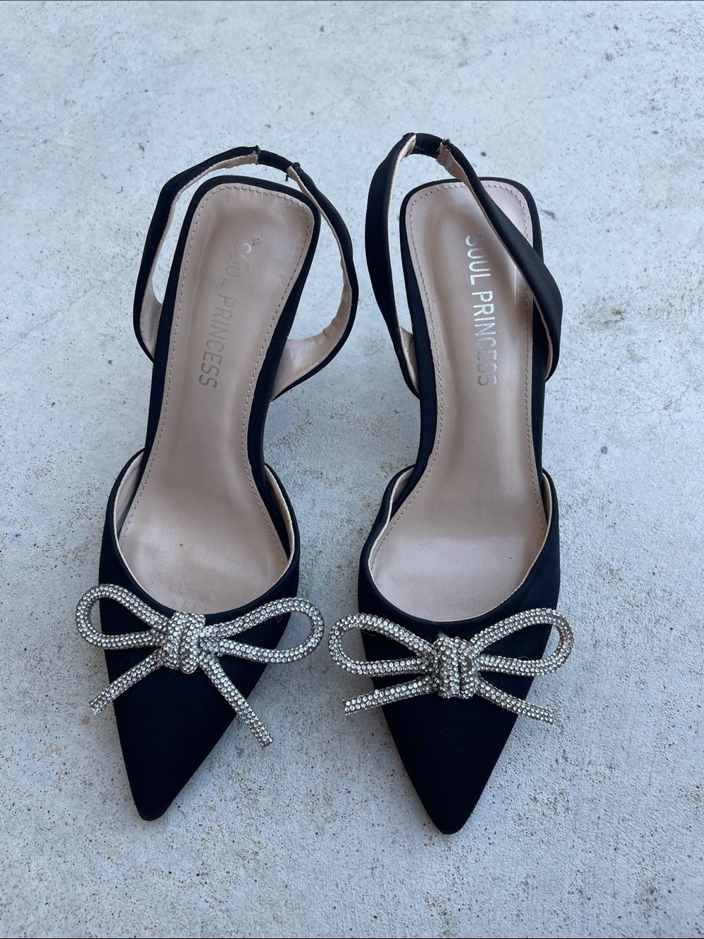 Soul Princess Black Rhinestone Bow Slingback Heels Size 7.5 Pointed Toe